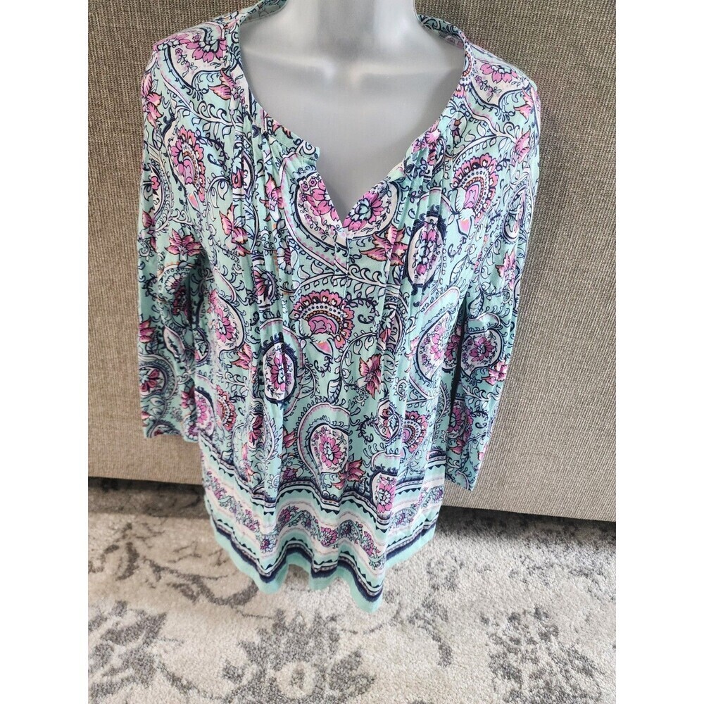 Talbots Women's Boho Floral 3/4 Sleeve V-Neck Top Pima Cotton/Modal Size Medium